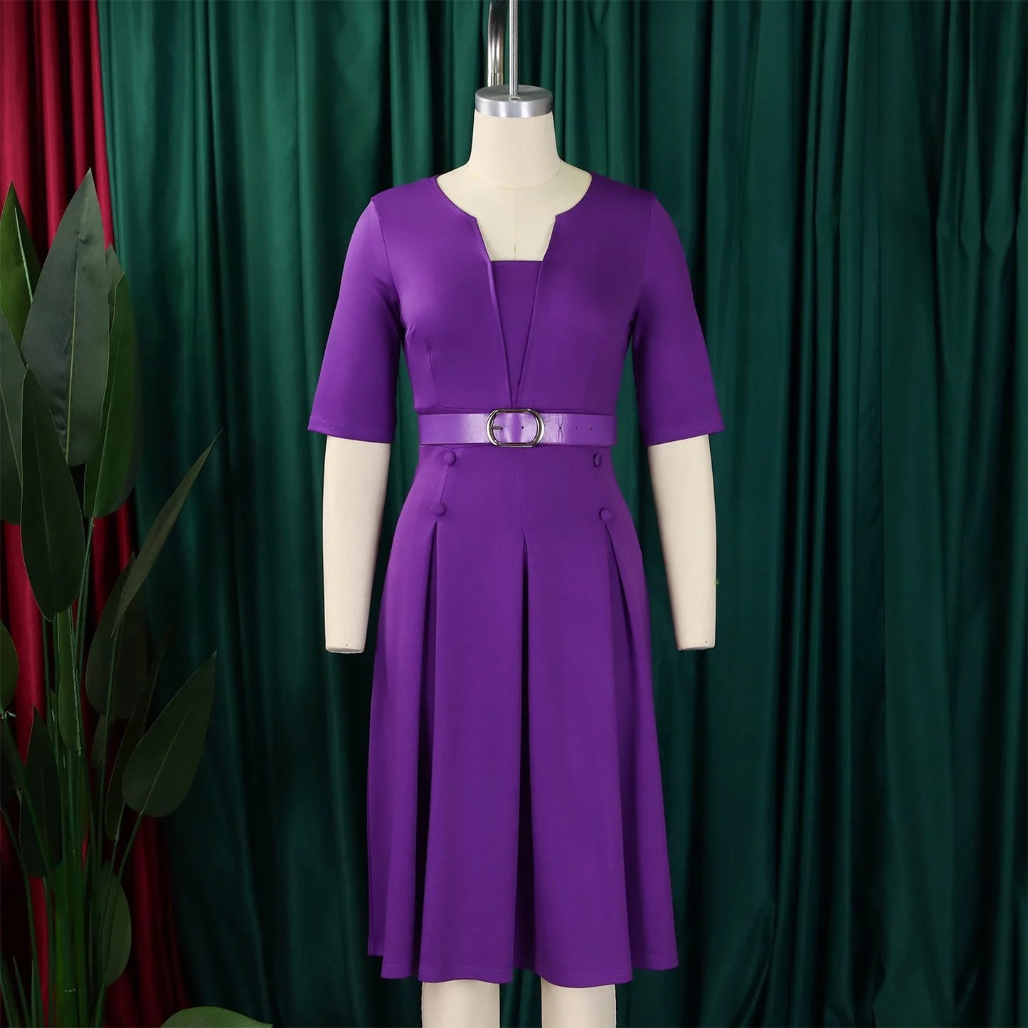 Elegante Kleider Für Frauen 2025 Neu V-Ausschnitt Halbe Ärmel Gürtel Taille Plissiert Midi Mode Weiblich Bescheiden Business Arbeit Kleider OL