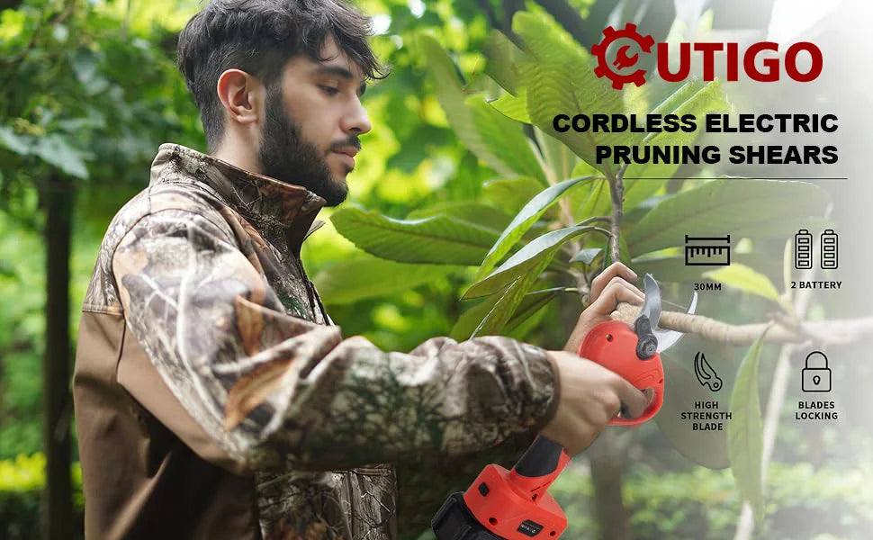 OUTIGO Elektrische Gartenschere - 40mm mit Display 2x 3.0Ah Akkus für Obstbäume und Weinberge Karbonstahl