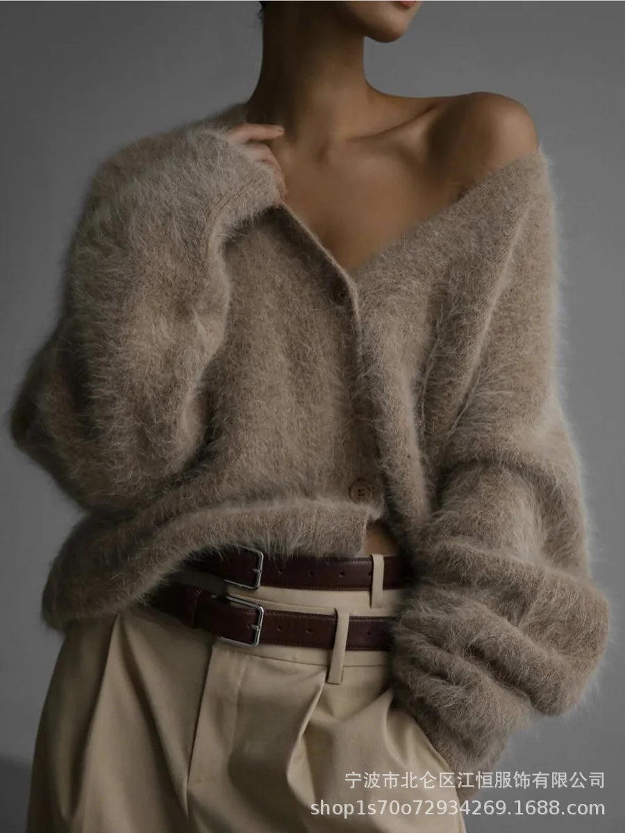 Frauen Kaschmir Strickjacke V-Ausschnitt - Gr. S-XL, lang