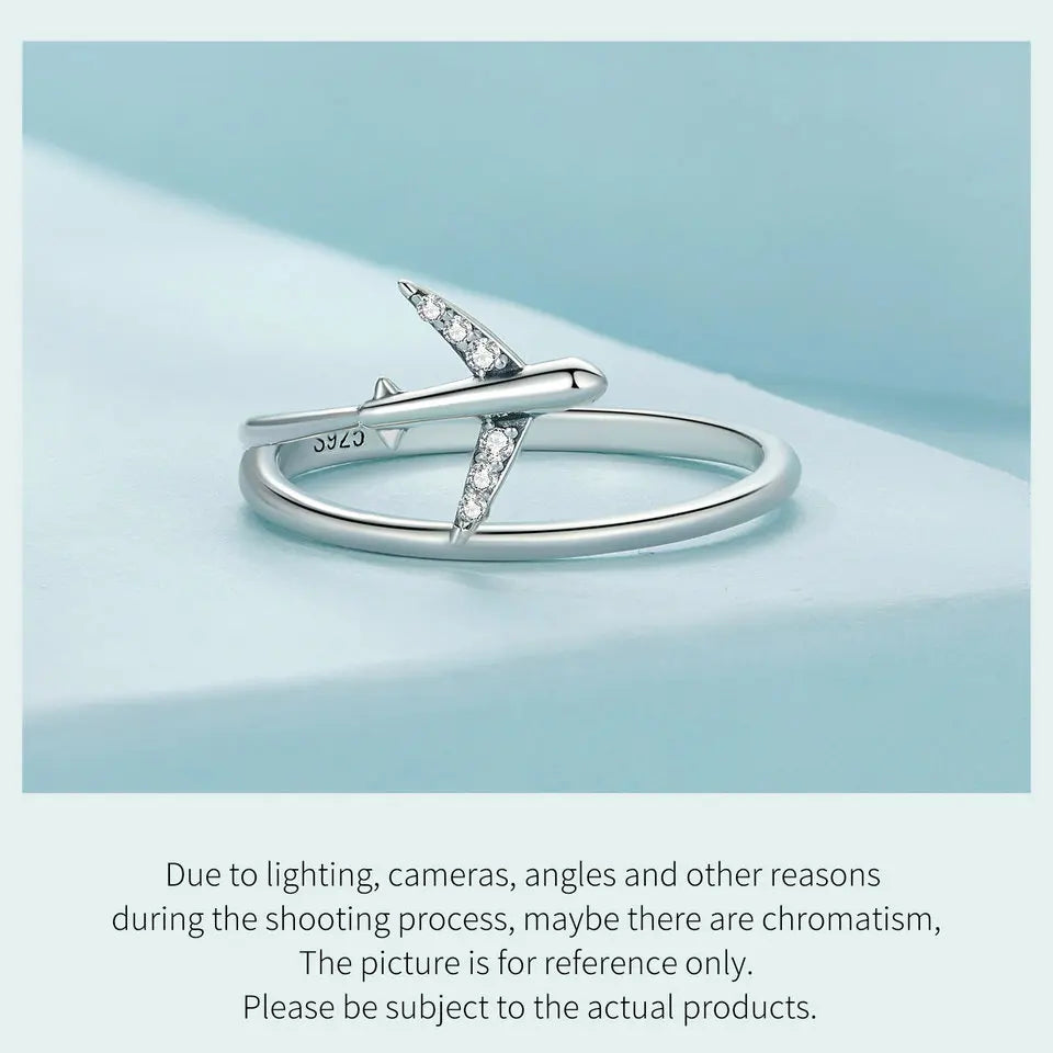 WOSTU 925 Sterling Silver Platinum Airplane Double layer Rings Women Shiny Zircon Aircraft Ring Party Jewelry Girl Holiday Gift