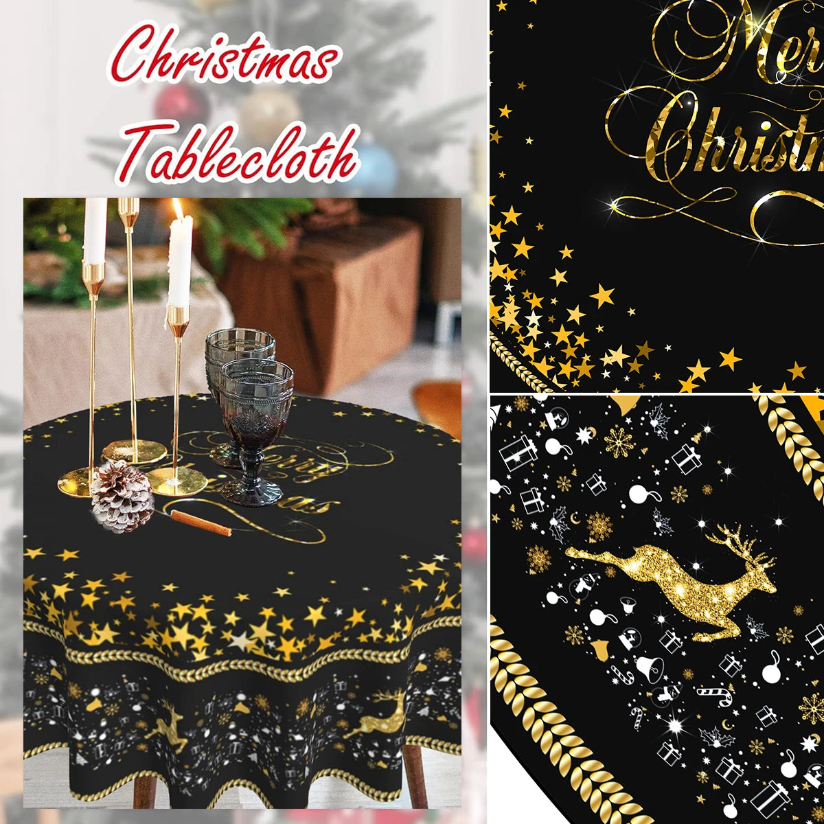 Christmas Tablecloth Black Merry Christmas Round Table Cloth Christmas Elk and Presents Table Cover Fabric Home Decoration Gift