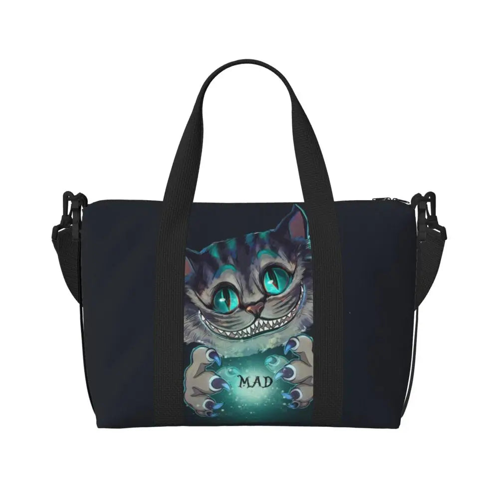 Custom Cheshire Cat Beach Tote Bag for Women We're All Mad Here Cat Big Compartment Gym Beach Travel Bags