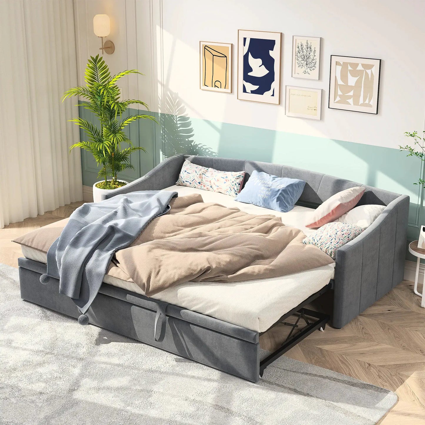 Schlafsofa Ausziehbar Mit Samtbezug Und Rückenlehne Grau