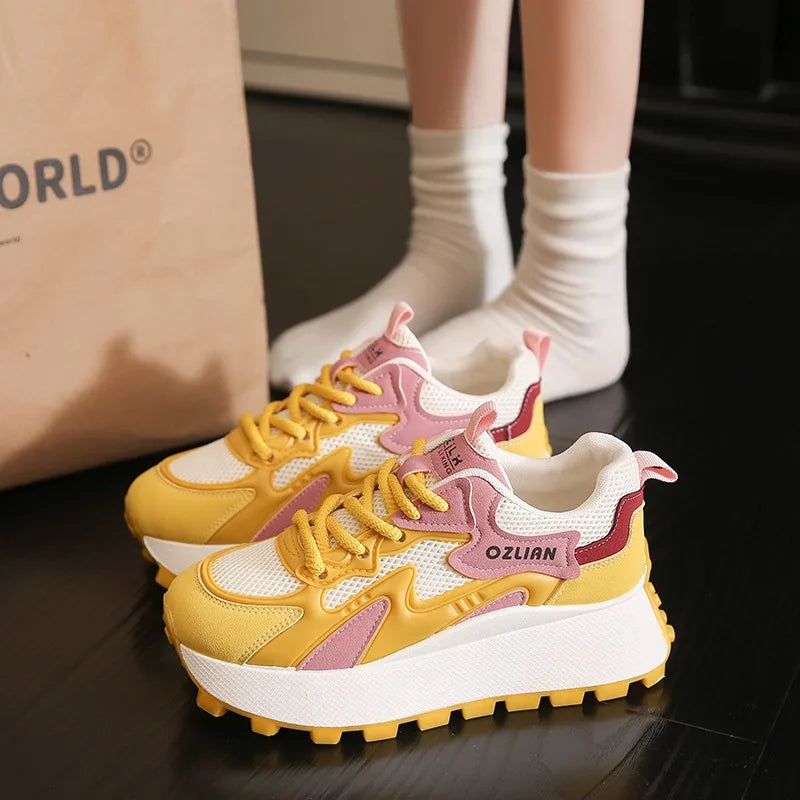 Women‘s Trendy Color-blocked Brand Design Thick-soled Sneakers 2024 Spring and autumn New  Lace-up Mesh Breathable Tennis Shoes