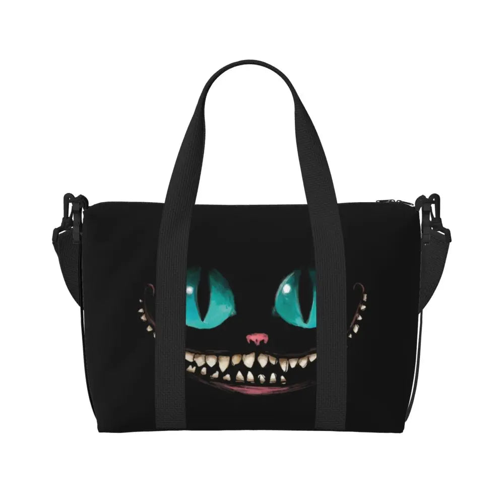 Custom Cheshire Cat Beach Tote Bag for Women We're All Mad Here Cat Big Compartment Gym Beach Travel Bags