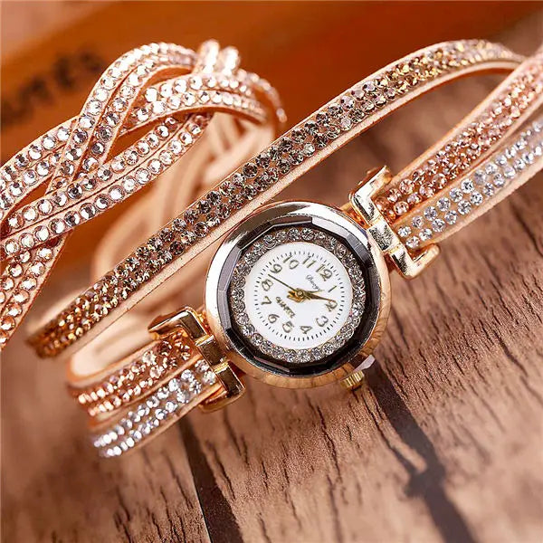 Damen-Uhr 2025: MOONBIFFY Fashion Casual Gold Quartz Women Rhinestone Watch - Braided Leather Bracelet Watch Gift Ladies Wristwatch Relogio Feminino Gift Collection