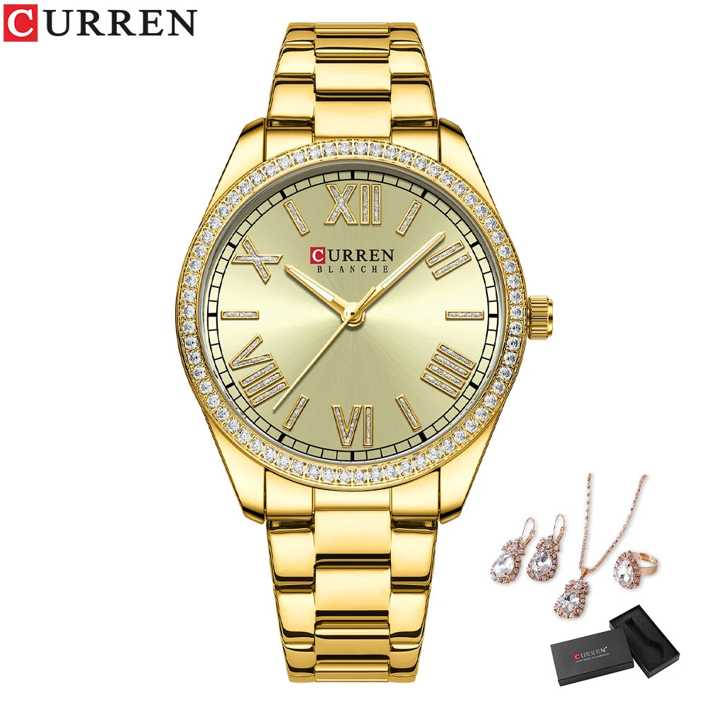 CURREN Luxus Uhr Damen Ring Halskette Ohrringe - Strass Mode Armbanduhr Weiblich Casual Damen Uhren Armband 5-teiliges Set