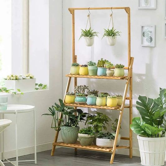 Bambus-Blumenregal, Treppenregal für Pflanzen, faltbar, mit Hängestange, Dekoration für Garten, Balkon, Terrasse by Golden Bridge Store
