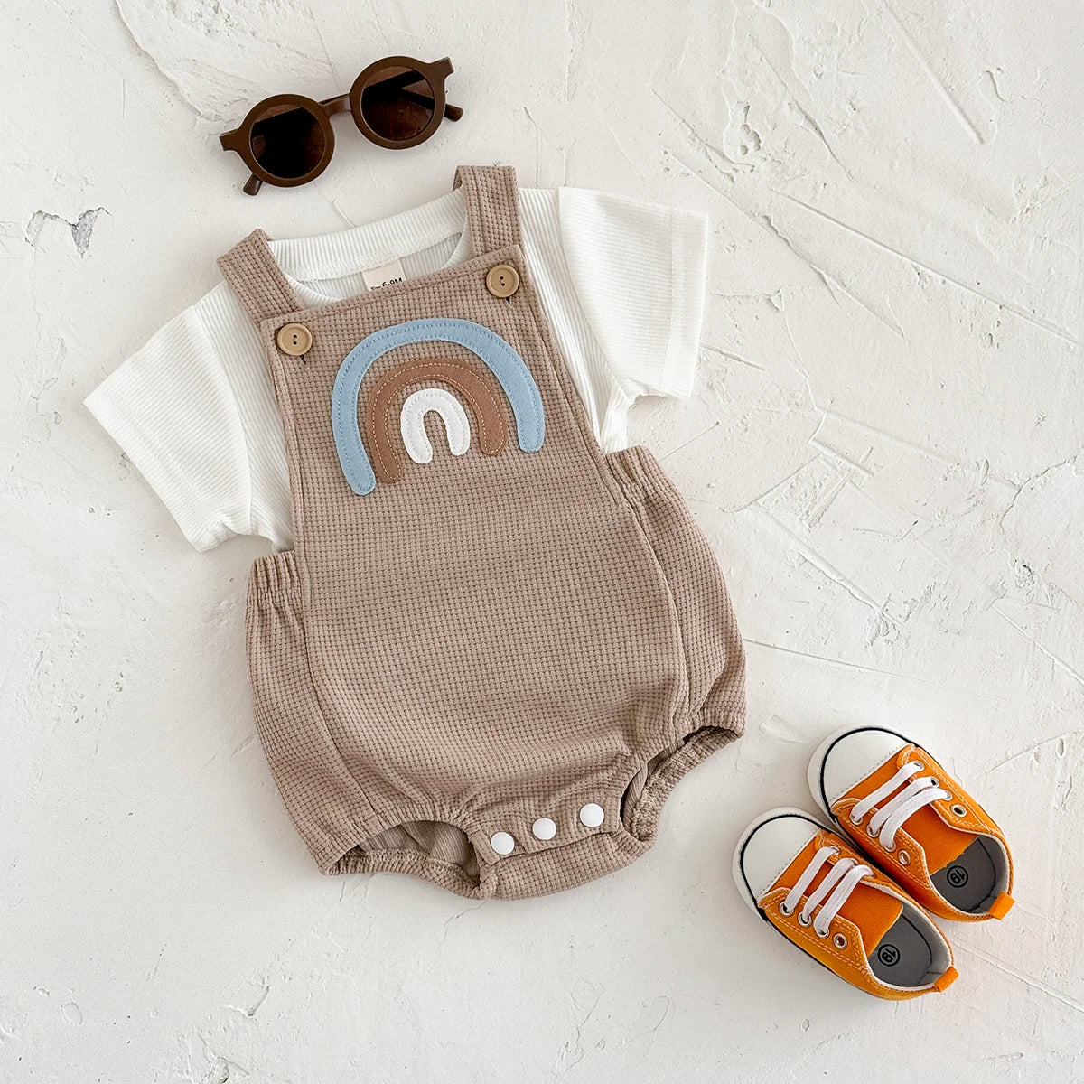 Baby Girls Clothes Bubble Romper Rainbow Patch Pullover Button Triangle Jumpsuit Boy Summer Stylish Bodysuit+T-shirt 2Pcs/Set