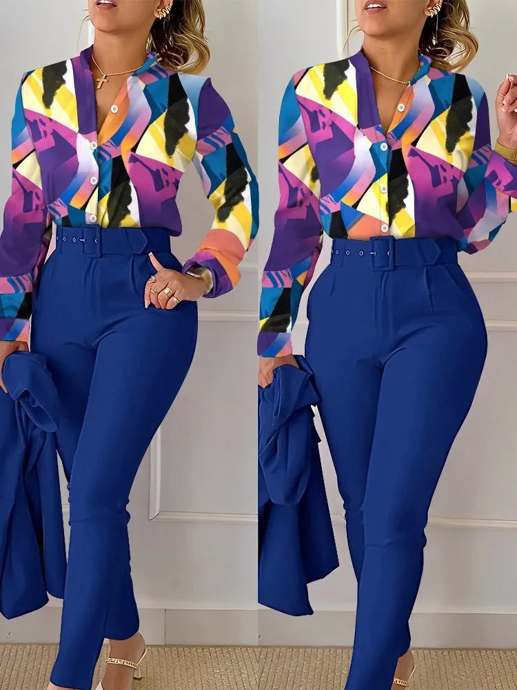Elegant Women Shirt Two Piece Set Suits Fall New Fashion Print Long Sleeve Top Black Pants Set With Belt Blouses Female Clothing