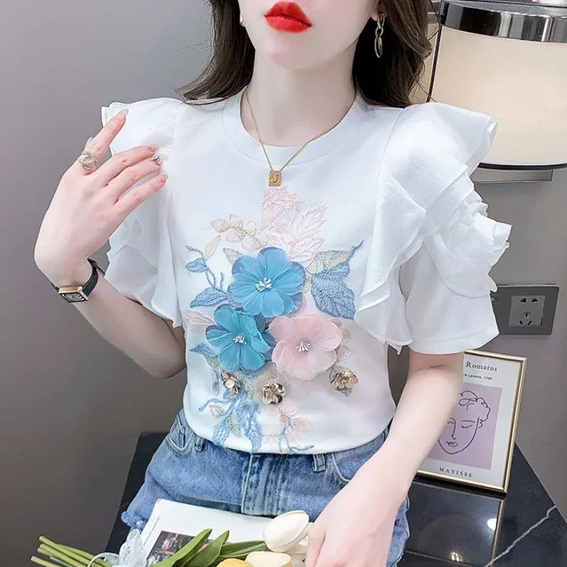 Ruffled White T-shirt Women's Short-Sleeved Floral Tshirt 2023 Summer New High-End Heavy Embroidery Flower Chic Top Tees