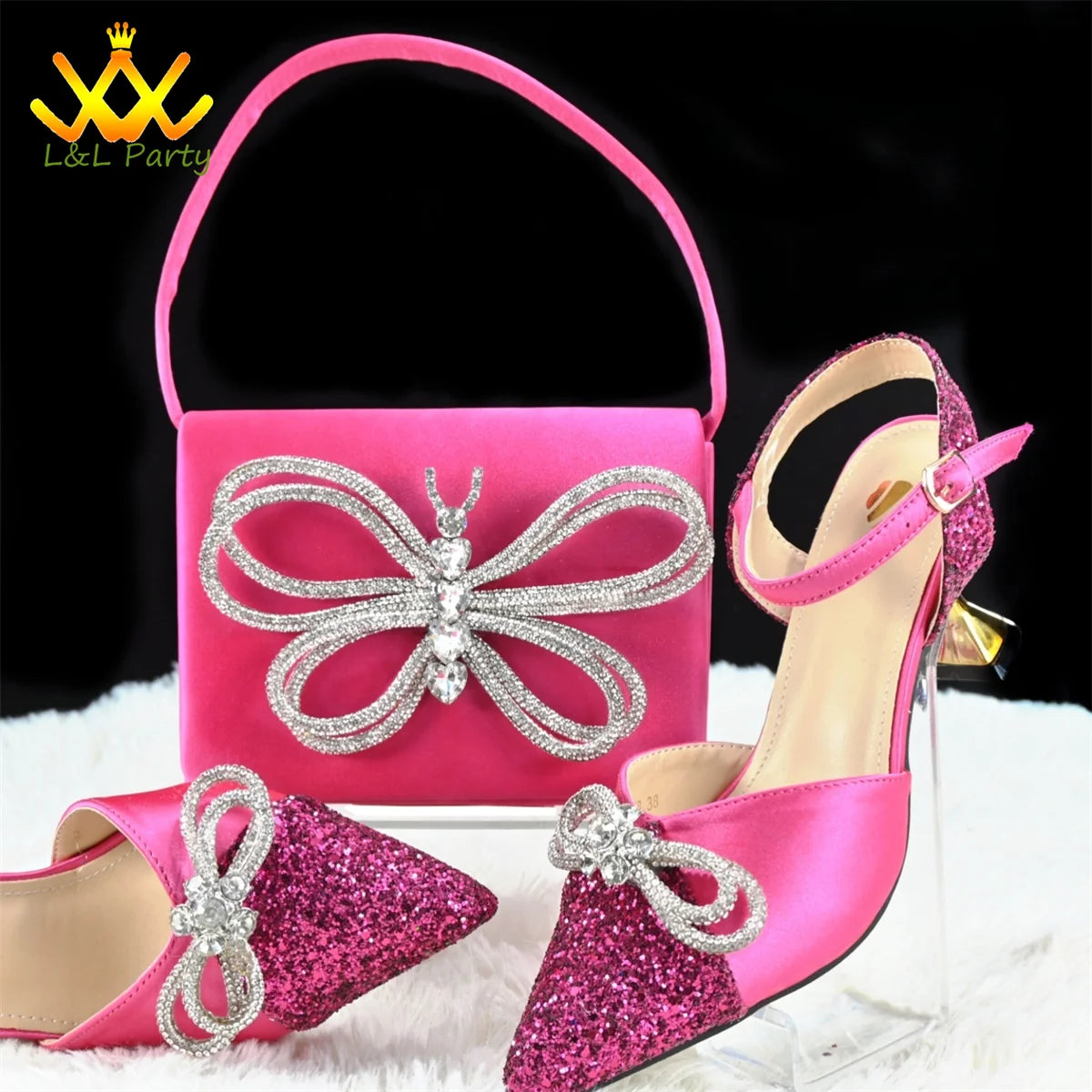 Elegant New Design 2024 Winter Design Italian Women Shoes and Bag Set in Fuchsia Color High Quality Pointed Toe For Party