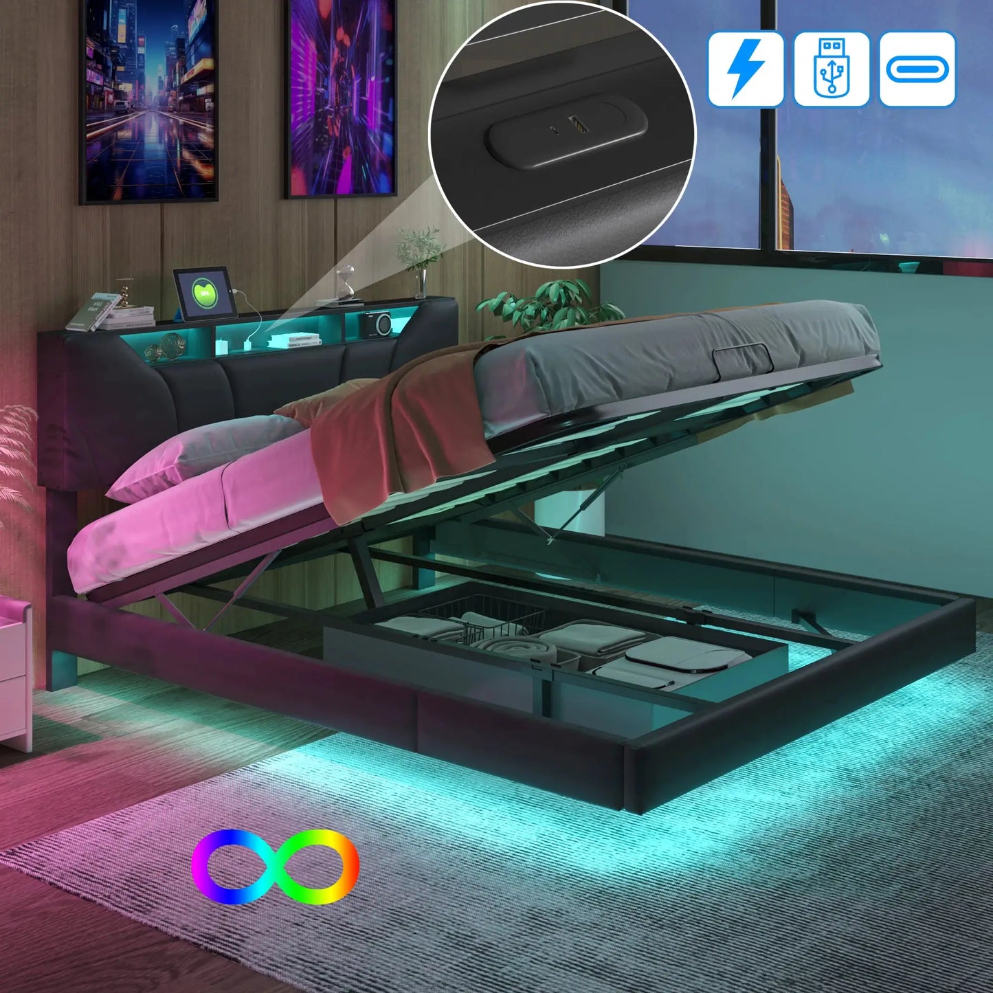 Schwebendes Bett Mit LED Beleuchtung Und Stauraum Lattenrost