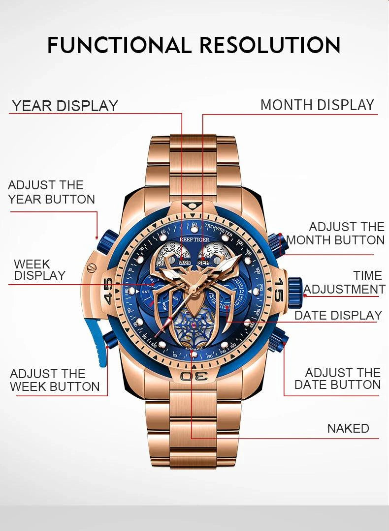 REEF TIGER design sport automatic watch spider dial