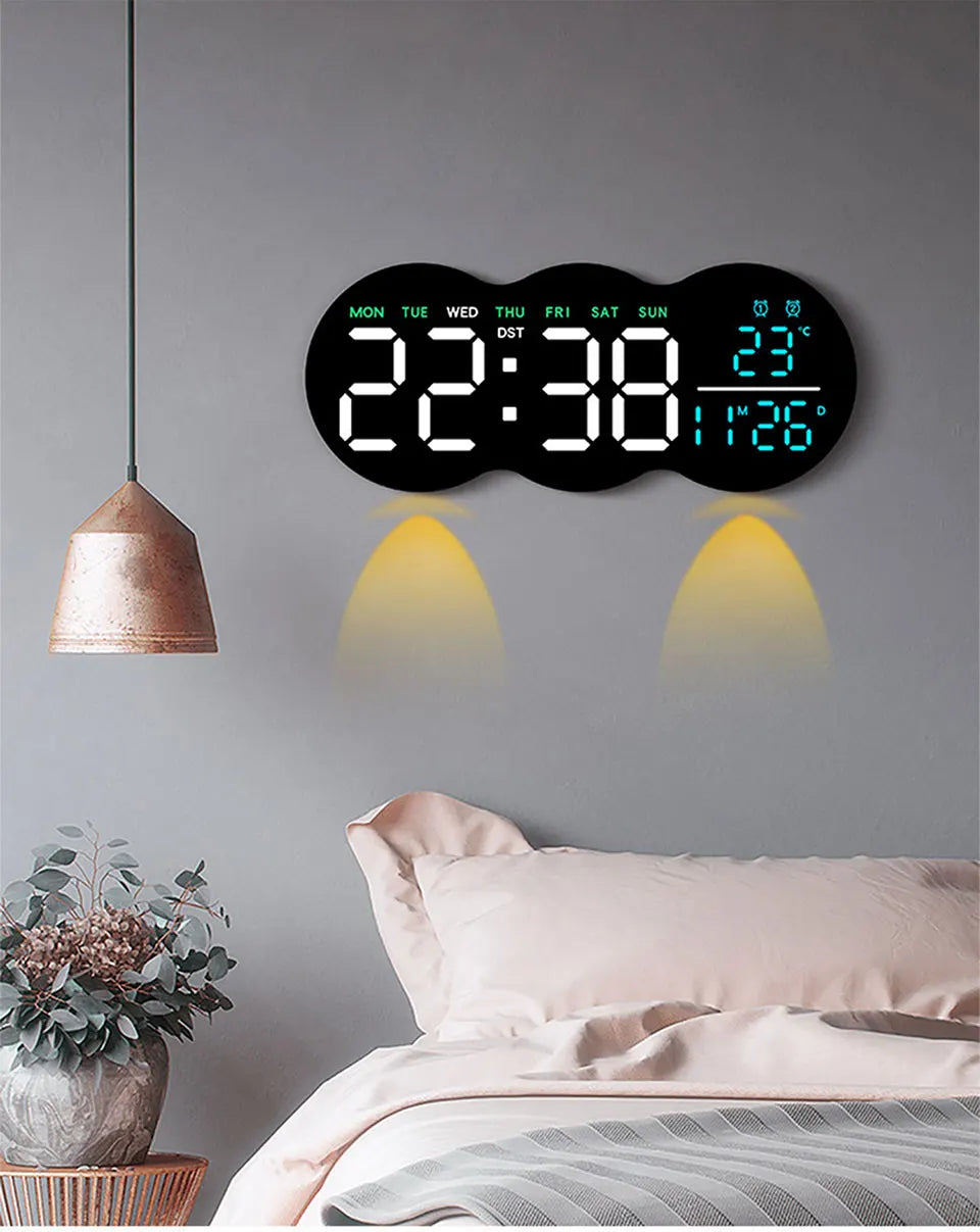 Wanduhr 2025: Large Digital Wall Clock with Ambient Light Remote Control - Temp Week Display 12/24H 2-Alarms Brightness Adjustable LED Clocks Collection