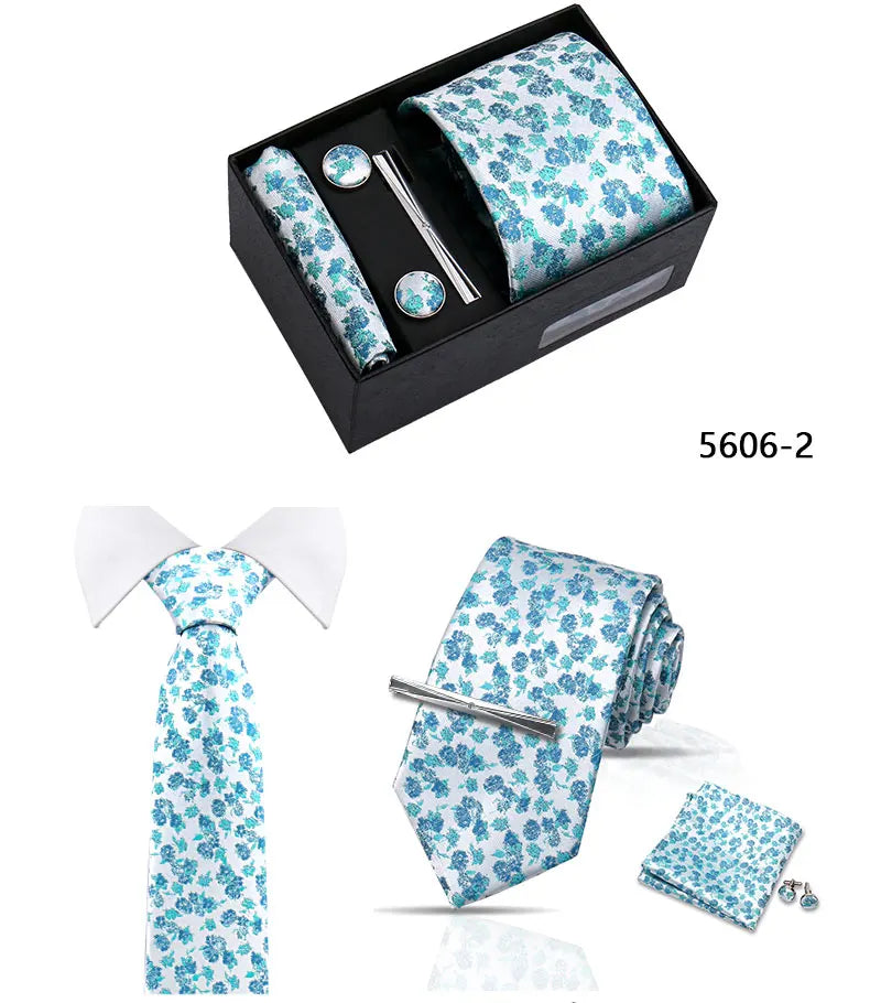 Elegant Men's Suit Necktie Gift Box Set Floral Tie Handchief Cufflinks Tie Clip 4-Piece Business Wedding Party Suit Accessories