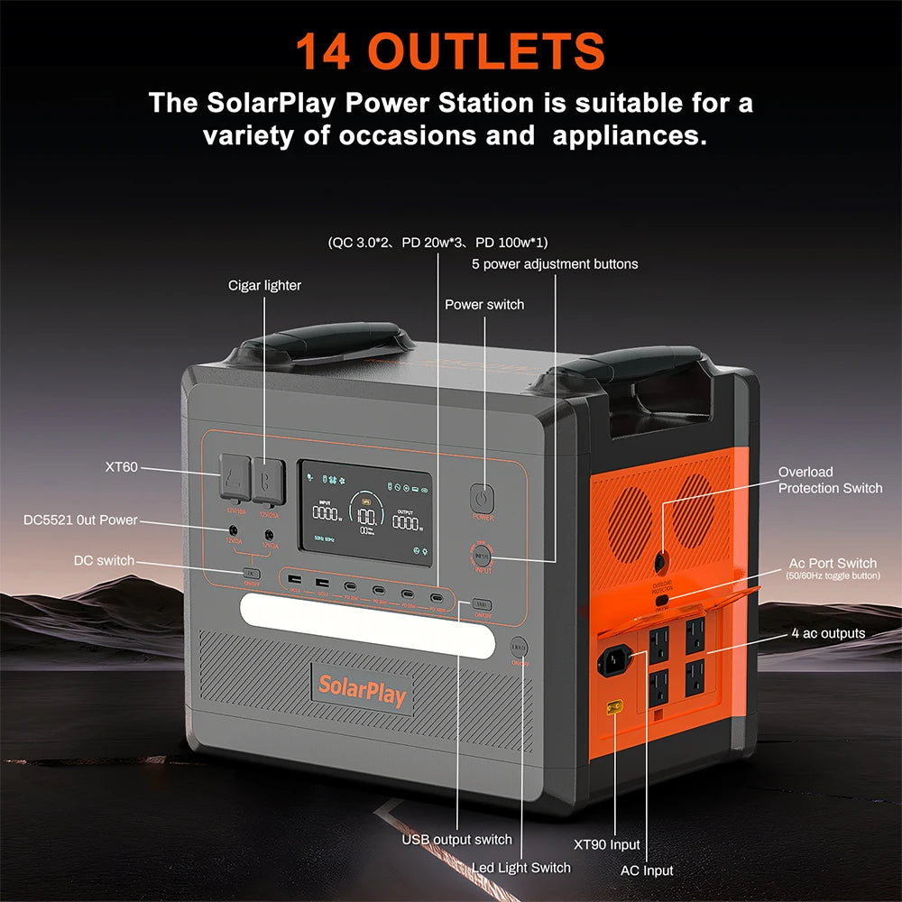 SOLARPLAY Semi-solid State Power Station 2500W 2400W Camping Supplies LiFePO4 Home Battery Portable Power Bank Generator US EU