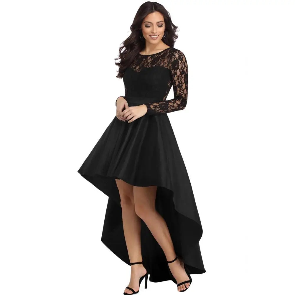 New Spring Elegant Dresses for Women Long Sleeve Lace High Low Satin Prom Evening Dress Cocktail Party Gowns Vestido Feminino