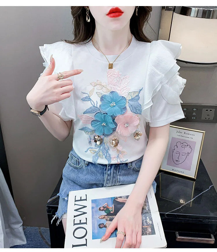 Ruffled White T-shirt Women's Short-Sleeved Floral Tshirt 2023 Summer New High-End Heavy Embroidery Flower Chic Top Tees