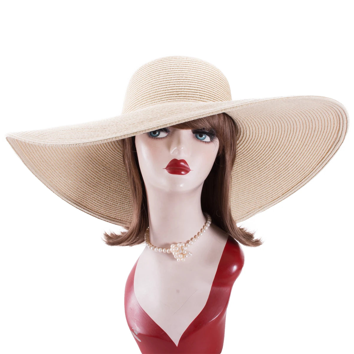 Lawliet 7.1''/18cm Faltbar Übergroß Riesig Breite Krempe Sonne Strand Stroh Hüte Hochzeit Damen Floppy Party Elegant A330