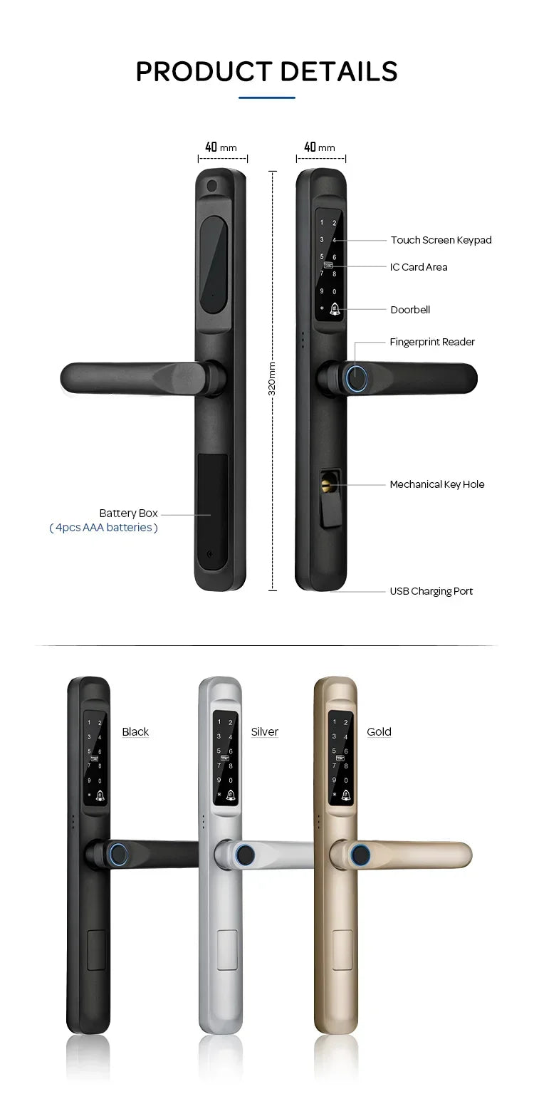 92/85mm Wasserdichter Outdoor-Fingerprint-TUYA-WIFI-APP-RFID-Karten-Code-Schlüssellos-Smart-Elektronischer-Türschloss-Aluminium/Glas-Schiebe