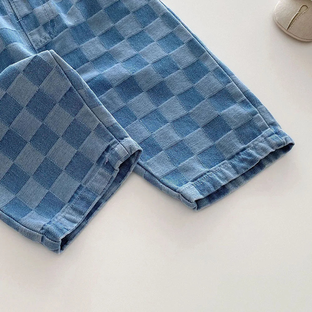 Children's Jeans 1-5Y New 2024 Autumn Boys Plaid Denim Pants Loose Style Mid Waist Girls Checkerboard Trousers