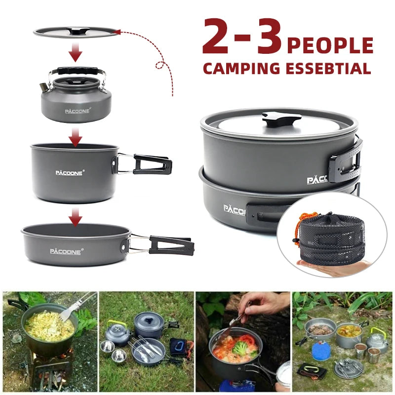 PACOONE Camping Cookware Set Outdoor Portable Foldable Cookware Set Pot Cooking Kettle Set Tableware Hiking Picnic Equipment