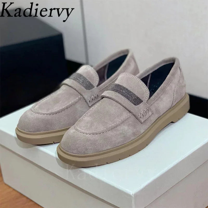 Luxus Damen Flache Schuhe 2025 - Wildleder Kette Perlen Runde Zehen - Slip-On Loafer Komfort Walking Schuhe