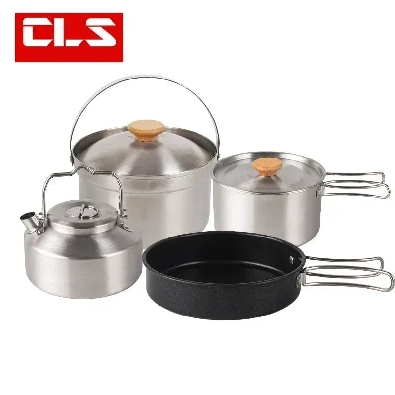 New Set 4pcsOutdoor Stainless Steel Pot Set Camping Family Pot Set 1L Portable Picnic Soup Pot Frying Steaming Household Camping