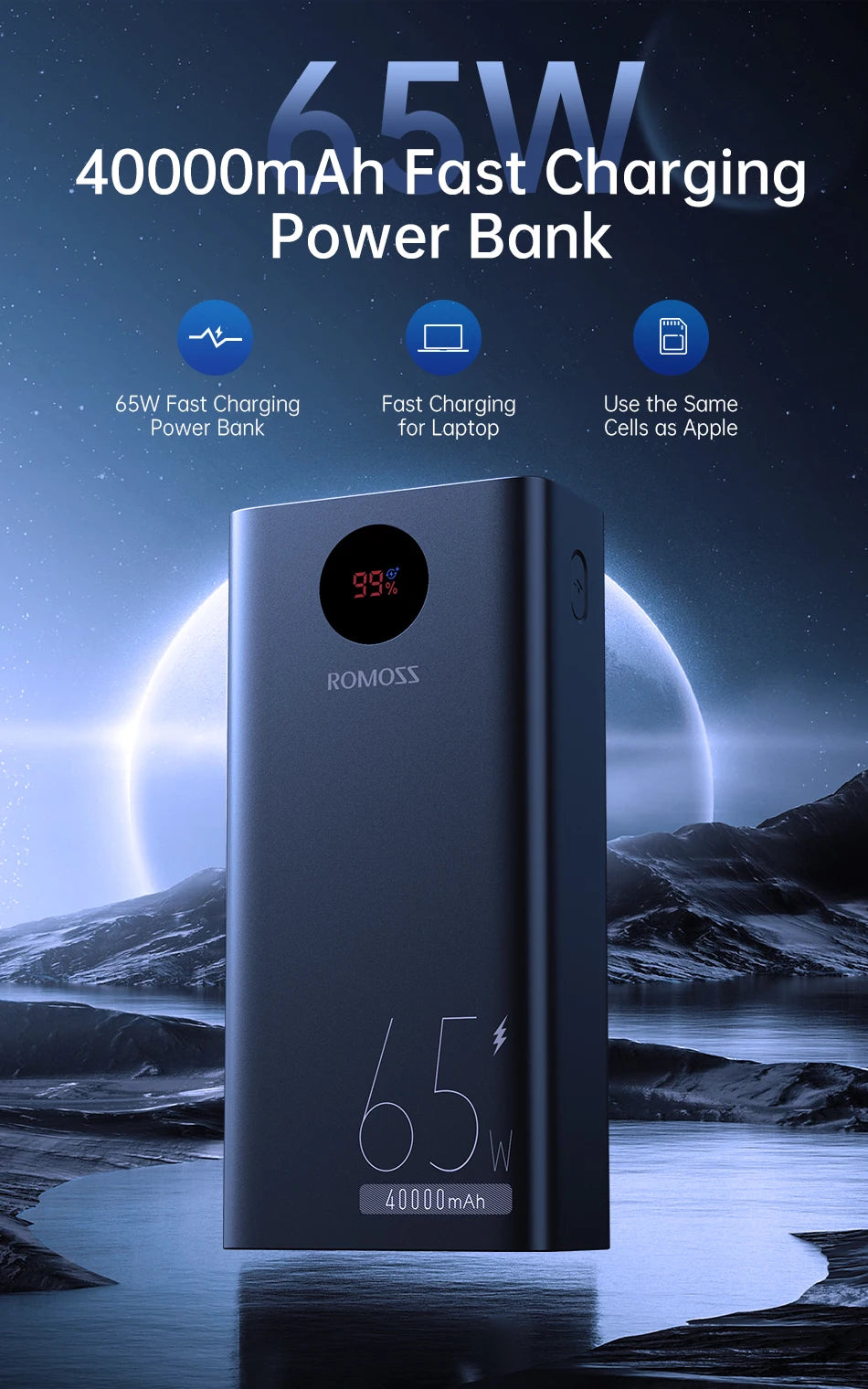 ROMOSS PEA40PRO Power Bank - 40000mAh Kapazität, 65W Schnellladung, USB C Port
