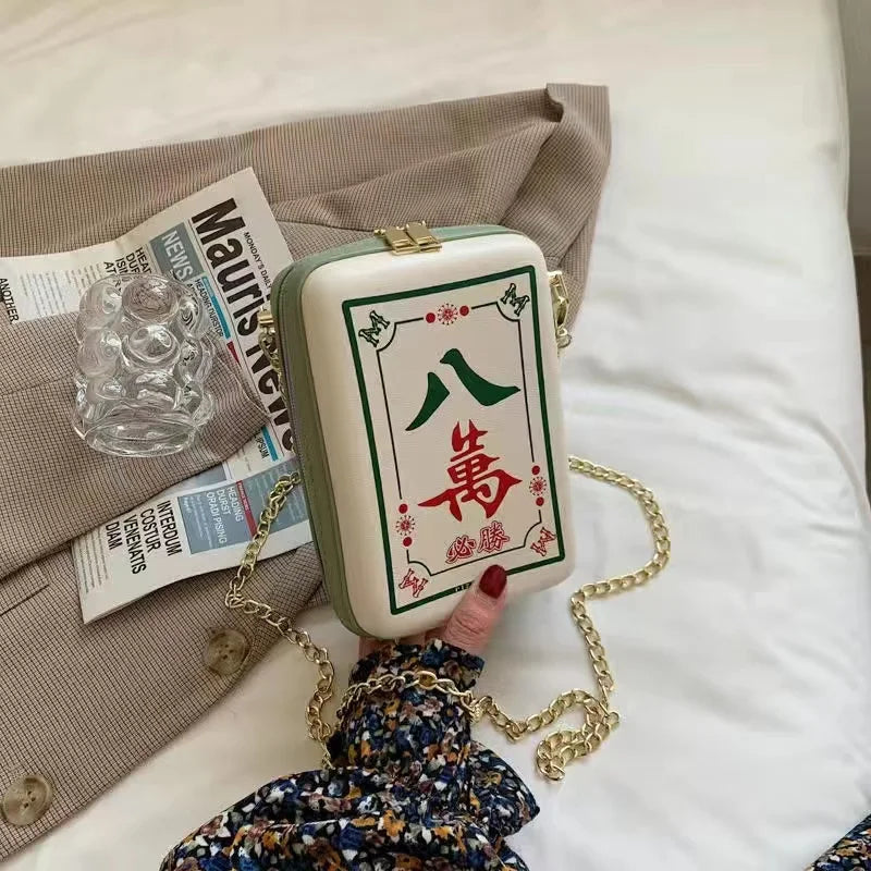 Chinese Mahjong Crossbody Bag for Women, Creative, Interesting, Printing, Chain, Shoulder Bag, PU Leather, Messenger Bag Fashion