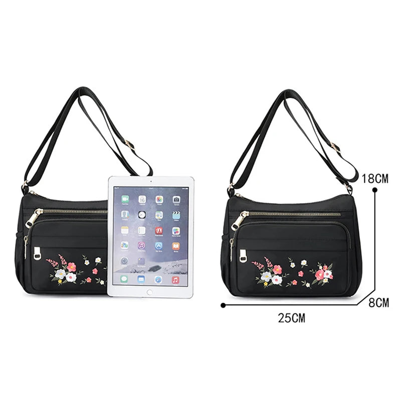 Casual Crossbody Backpack Ladies Oxford Cloth Shoulder Bag Fashion Embroidery Flower Zipper Travel Handbag