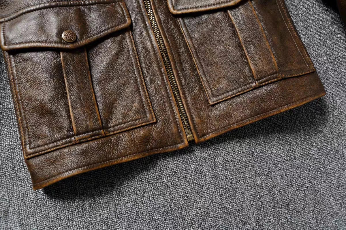 Men's Genuine Leather Jacket Natural Cowhide Hunting Jacket First Layer Cowhide American Retro Motorcycle Jacket Short Jacket