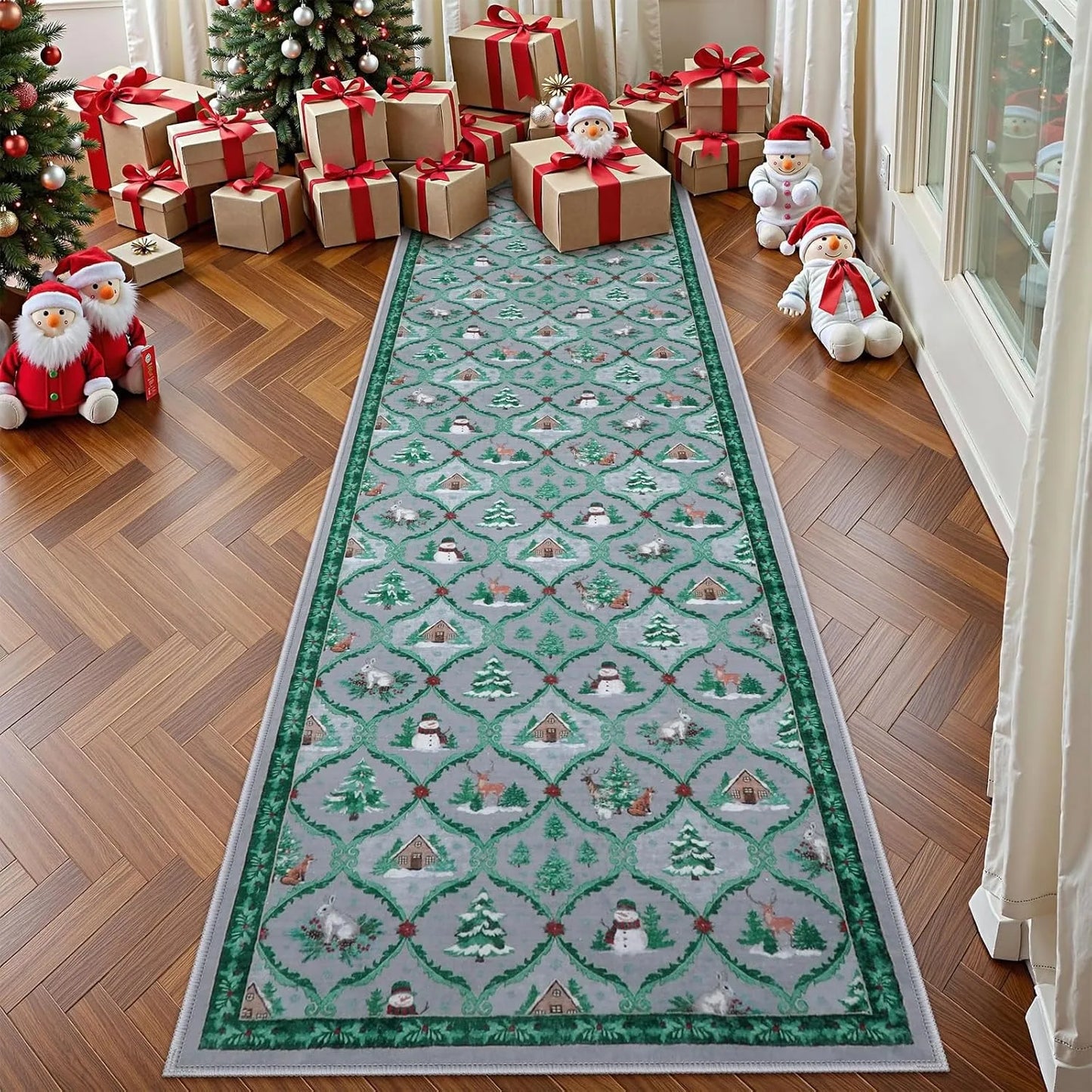 Runner Rug Corridor Non-slip Machine Washable Easy To Fold Floor Mat Green Plaid Snowman Rugs Christmas Gift Home Decoration Mat