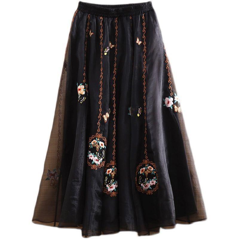 Embroidery Floral Women Pleated Skirts 2023 New Chinese Style High Waist Loose A-LINE Spring/Summer Retro Skirt