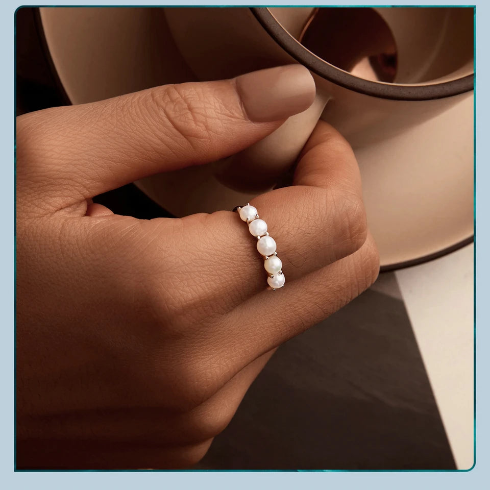 BISAER 925 Sterling Silver Pearl Ring Double Layer White Gold Zircon For Elegant Women Wedding Engagement Original Fine Jewelry