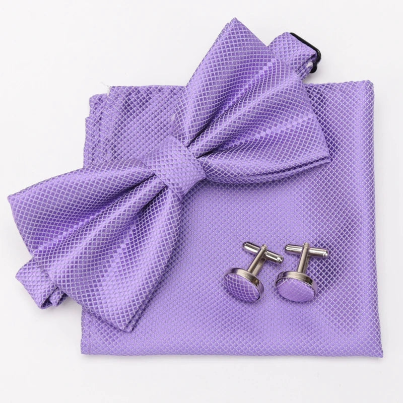 Men Bowtie Set 3pcs Plaids Classic Fashion Wedding Party Formal Cufflinks Bow Tie Handkerchief Cuff Links Lots Three Piece Set