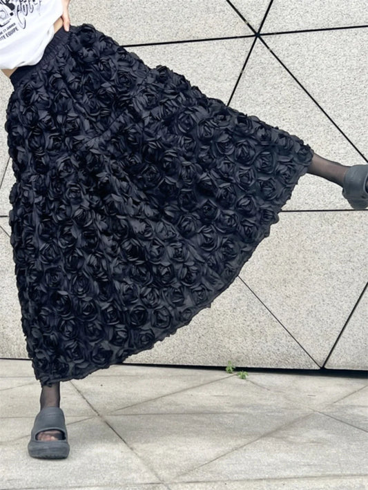 Elegant Fashion 3D Flowers Mesh White Skirt French Chic Elegant Long Skirts Women A-line Elastic High Waist Female Skirt