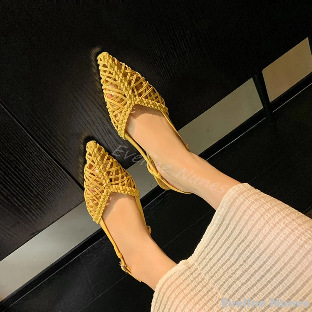 Artistic Hand-woven Thin Belt Sandals Women Summer Pointed Toe Flat Back Strap Hollow Sandals 2025 New Fashion Simple Sandals