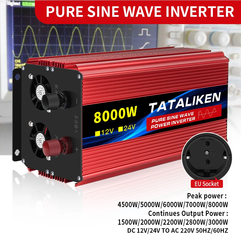 Inverter Pure Sine Wave Power Inverter 10000W DC 12V to AC 220V/230V Converter LED Display and EU Socket