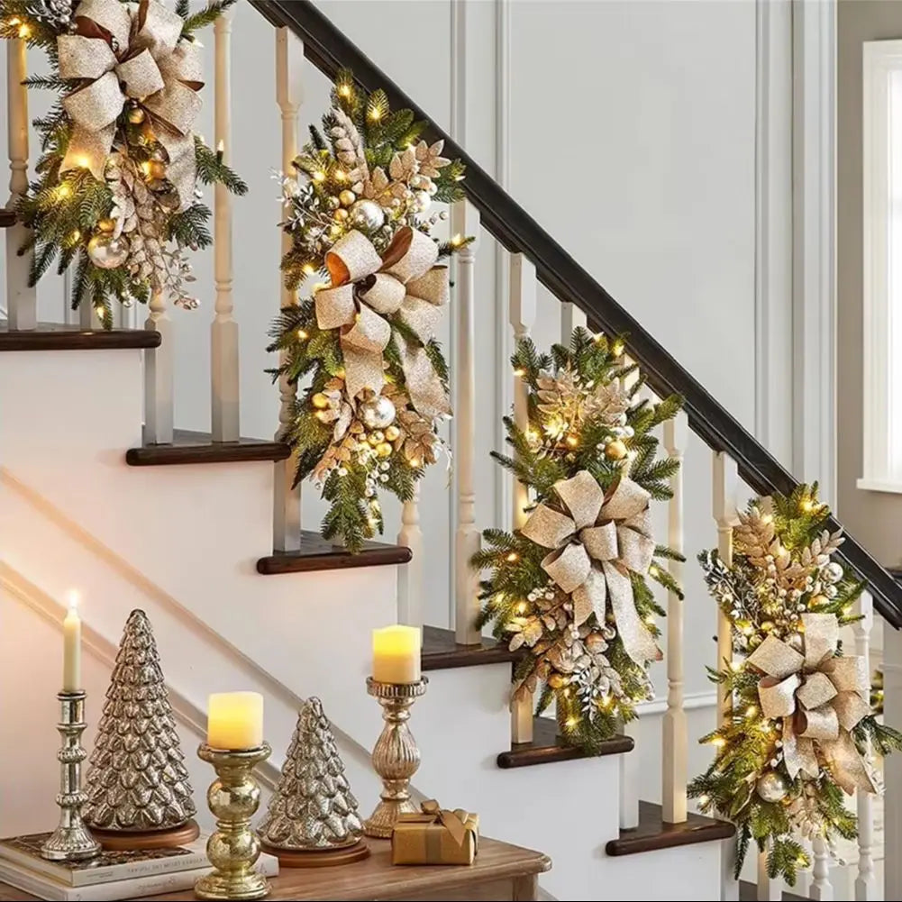 Frohe Weihnachten LED künstliche Girlande Treppenkranz Prelit Kranz Kiefernschleife Weihnachten leuchtet kabellos für Haustür Wandtreppe