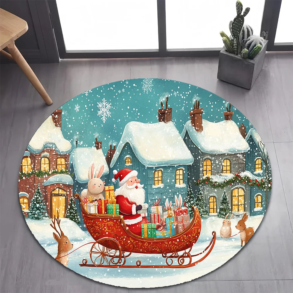 Cute Santa Claus Merry Christmas Tree Cartoon Festival Gift Round Carpet Rug for Bedroom Living Room Decoration,Decor Floor Mat