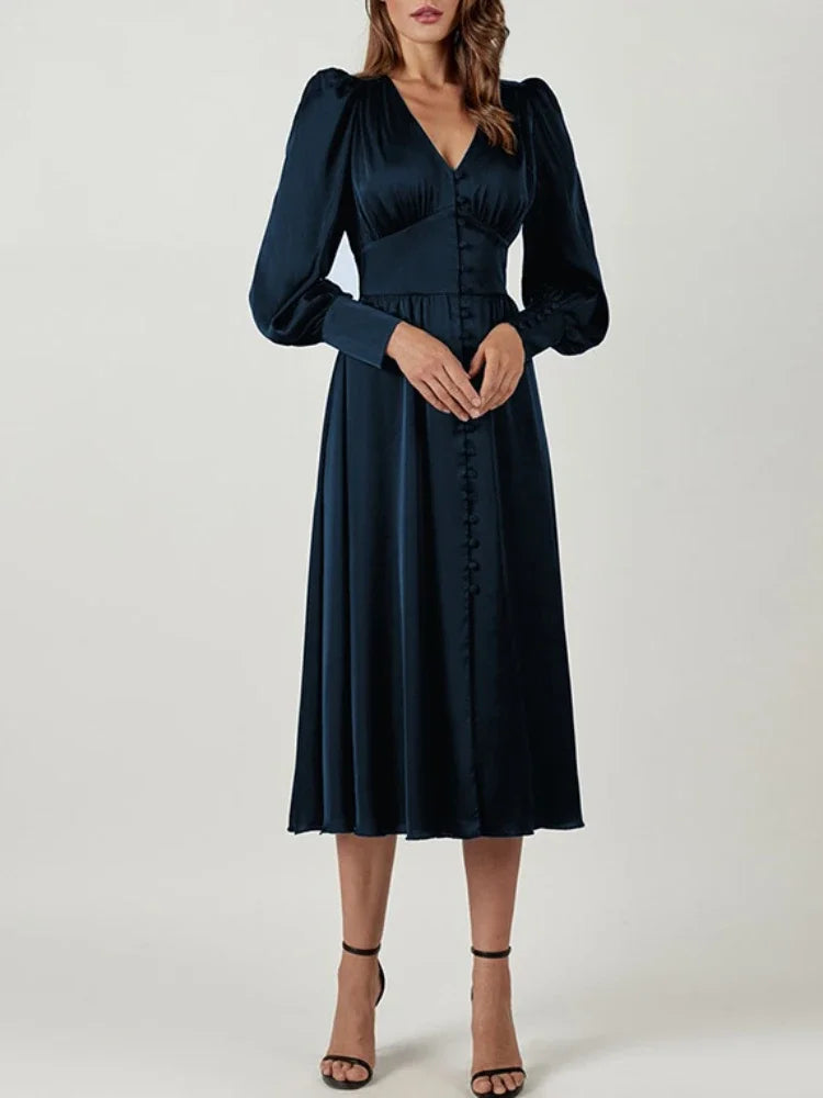 Elegante Mode Einreihig High Waist Satin Kleid - Midi Gr M