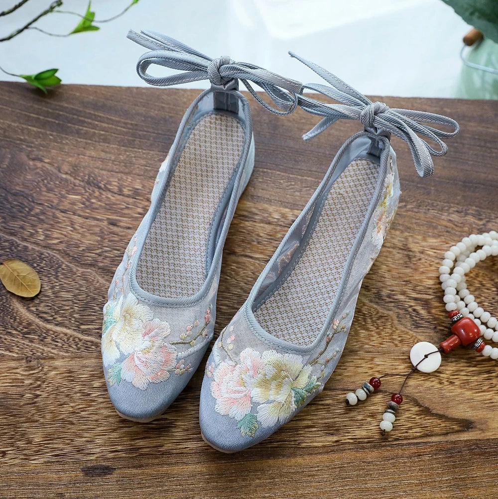 Ballerinas 2025: Veowalk Long Ankle Strap Summer Women Gauze Mesh - Embroidered Ballet Flats Breathable Comfortable Walking Shoes Elegant Lady Collection