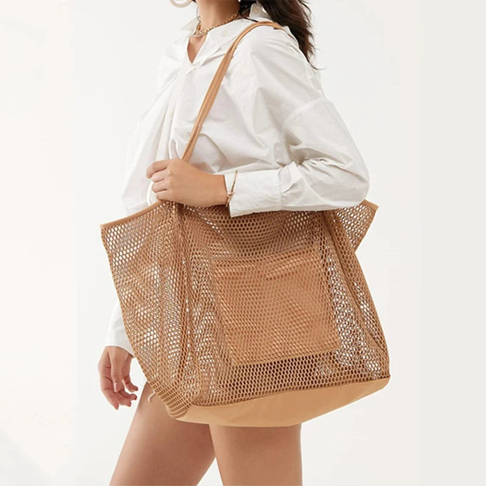 Women Swimming Beach Mesh Bag Ladies Shoulder Bag Large-capacity Travel Portable Storage Bag Multifunction Handbag