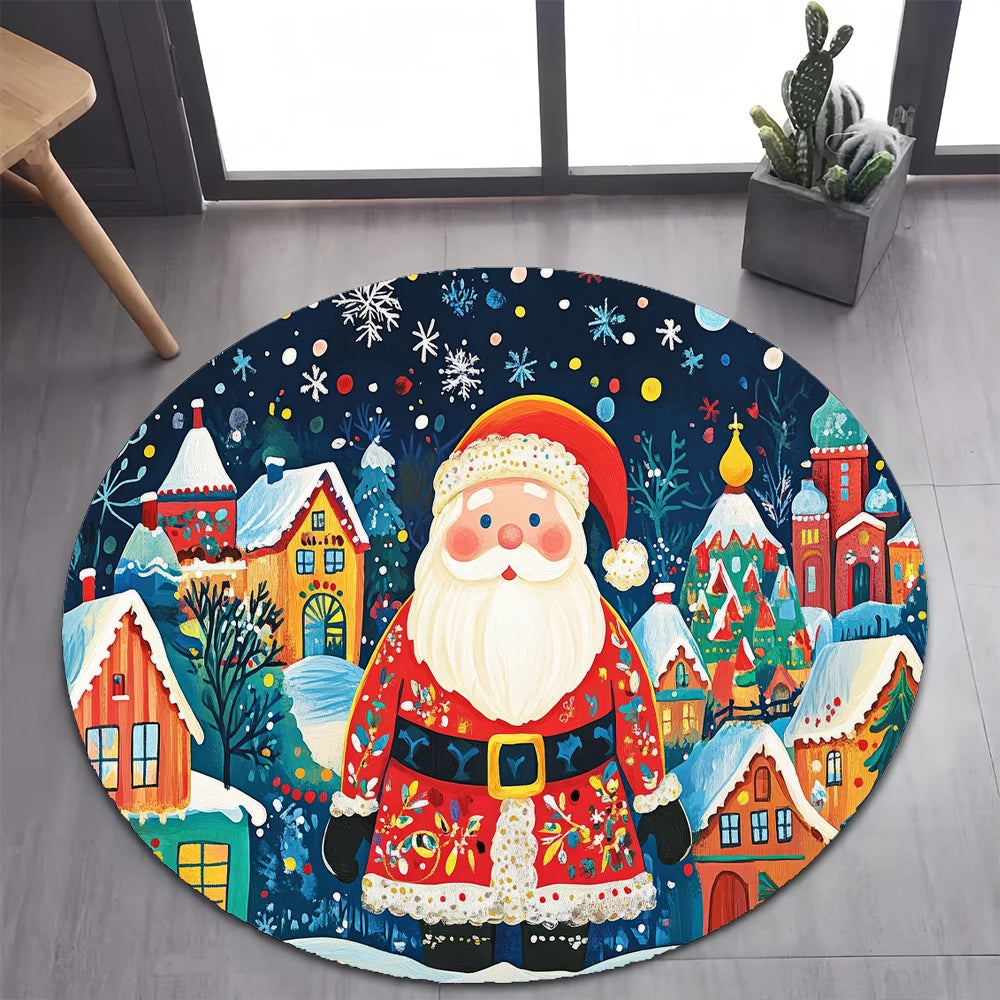 Cute Santa Claus Merry Christmas Tree Cartoon Festival Gift Round Carpet Rug for Bedroom Living Room Decoration,Decor Floor Mat