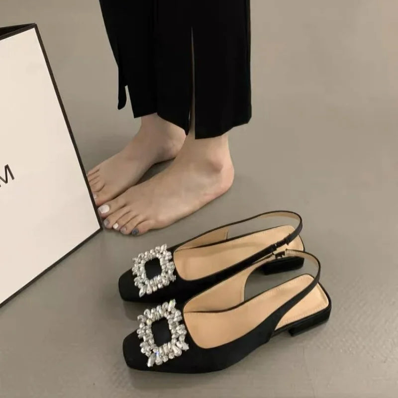 Fashion Women's Sandals Summer New Slingback Slippers Female Low Heel Rhinestone Buckle Back Strap Sexy Pumps Sandalias De Mujer