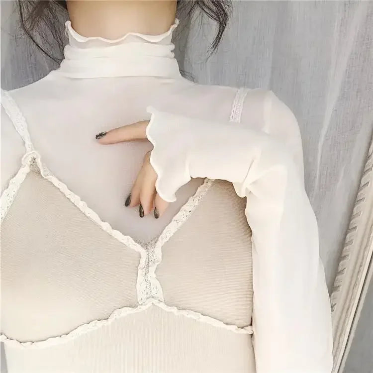 Sexy Women T Shirt See Through Transparent Tops Long Sleeve Ladies T-Shirt Pink Green Basic Top for Female Bottoming Blouses