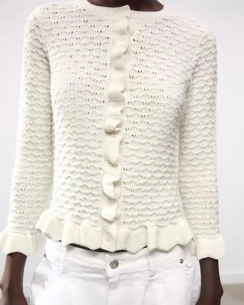 GACVGA Rüschen Strickjacke Chic - Slim Fit, 3/4-Ärmel, M