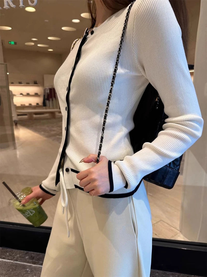 ZOKICN Patchwork Strickcardigan - Slim Langarm Weiß Größe M, Gewicht 120–220 g/m²